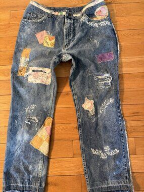OOAK ARTSY UPCYCLED DISTRESSED BLEACHED APPLIQUE PAINT SPLATTERED HIP GRUNGE 36